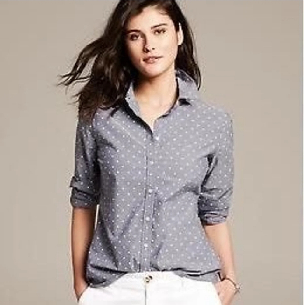 Banana Republic Blue White Polka Dot Soft Wash Longsleeve Shirt S